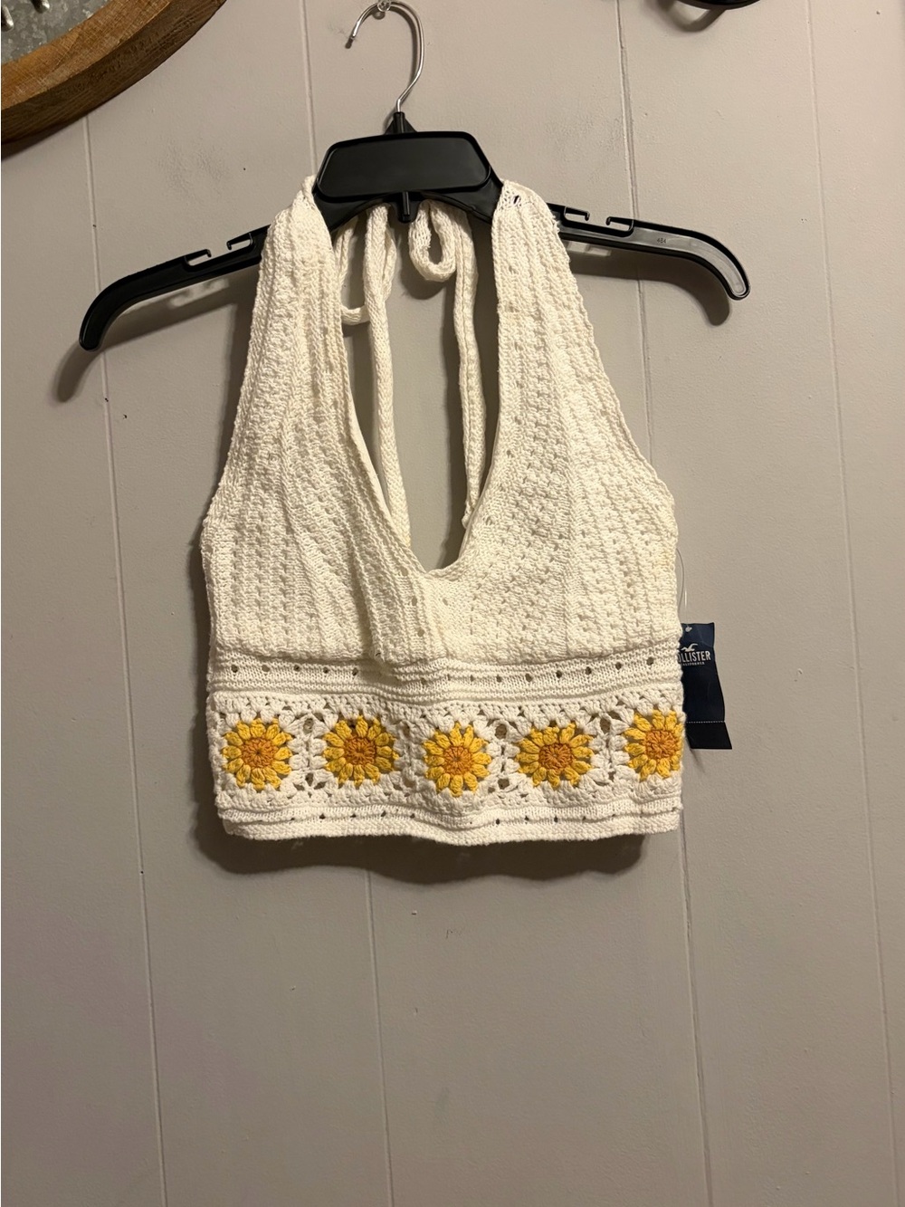 Hollister Cream Crochet Halter Crop with Yellow Sunflower Band